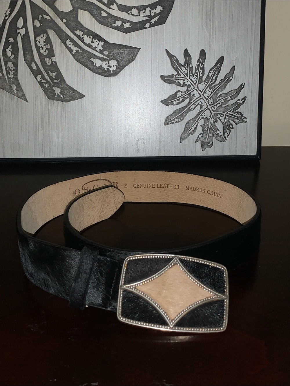 Oscar de la Renta Black and Tan Haircalf Belt with Decorative Buckle sz S